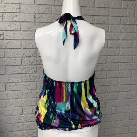 BCX Women Multicolored Brush Strokes Satin Halter Top Size S - Picture 2 of 7